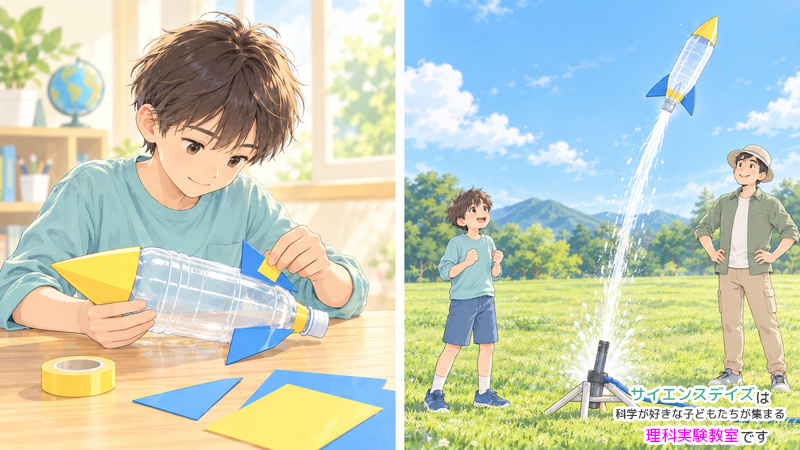 水ロケットを作り、完成したロケットが飛ぶ様子を見上げる小学生のイラスト