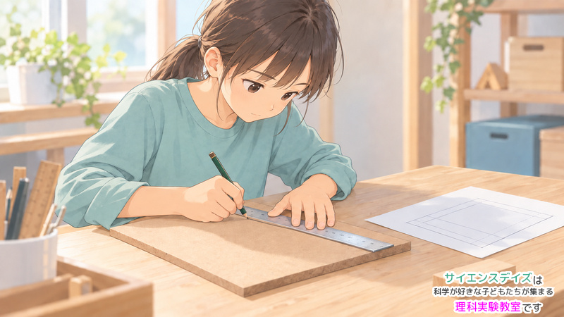 寸法図を参考に、定規を押さえて木材に線を引く小学5年生の女の子のイラスト