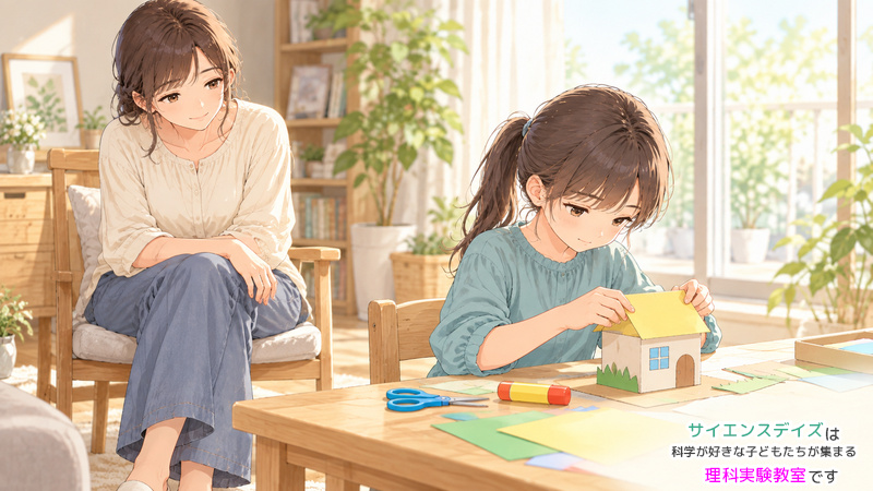 自分で紙の家を作る女の子を、手を膝に置いて少し離れた椅子から見守る母親のイラスト