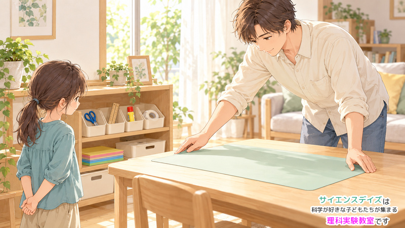 子どもが使いやすい道具の収納を整えた場所で、工作用のマットを机に敷く父親と見ている女の子のイラスト