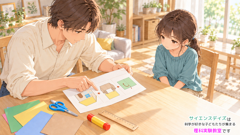 工作を始める前に、材料や道具と作り方の流れを確認する父親と、そばで待つ女の子のイラスト