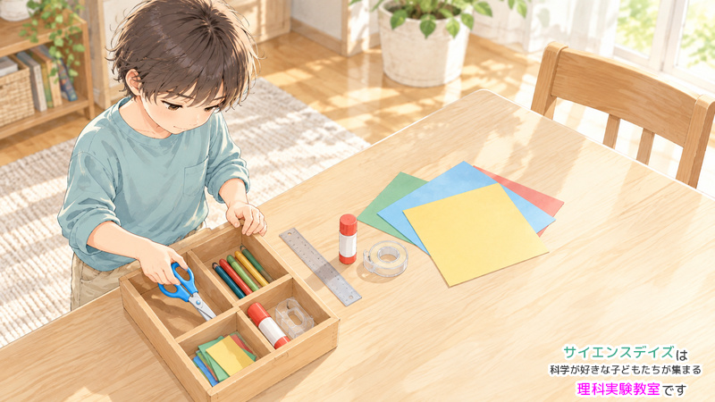工作に使う道具を自分で収納箱から取り出して並べる男の子のイラスト