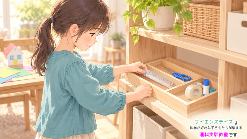 閉じたはさみなどの道具が収まった収納箱に、定規を自分で戻す女の子のイラスト