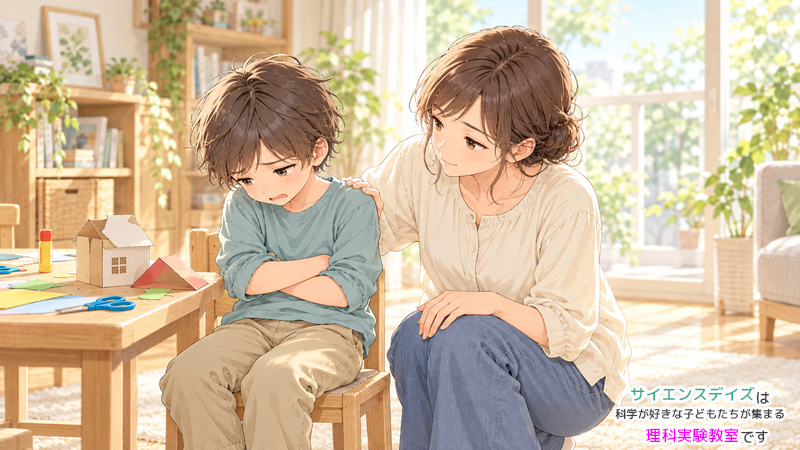 工作がうまくいかず涙ぐんで手を止めた男の子に、母親が目線を合わせて肩へそっと手を添えるイラスト