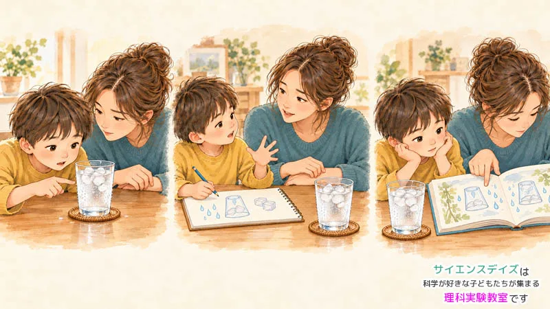 親子がコップを観察し、考えをノートに描き、図鑑と実物を見比べている
