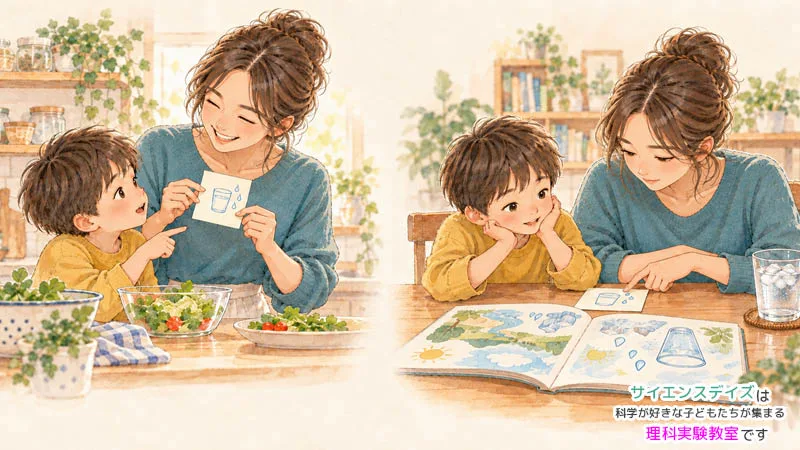 忙しいときに子どもの疑問をメモに残し、あとで親子が図鑑を見ながら考えている