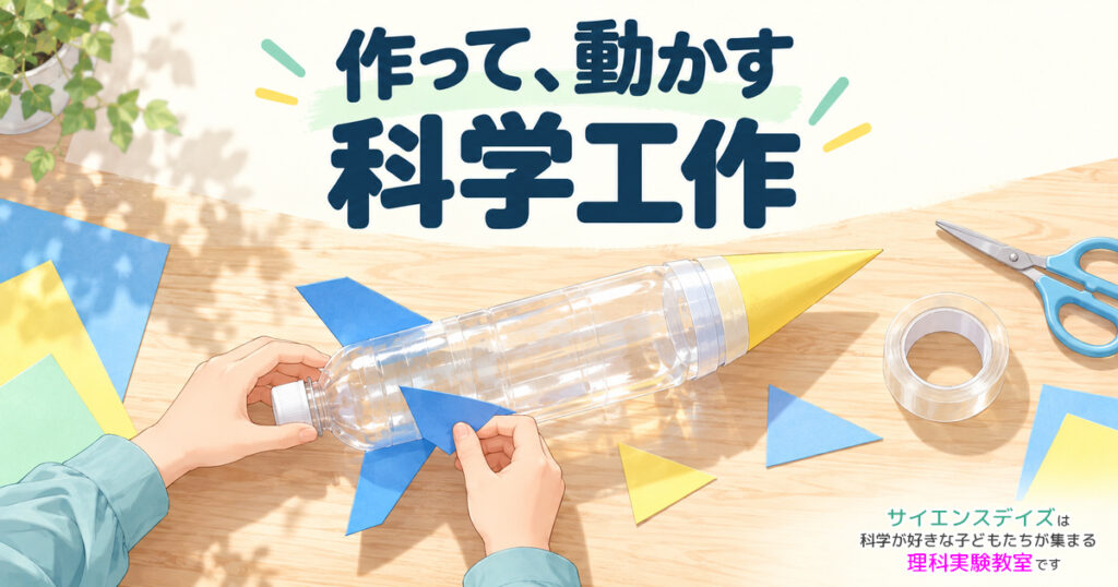 「作って、動かす 科学工作」の見出しと、水ロケットに羽を取り付ける手元を俯瞰したイラスト