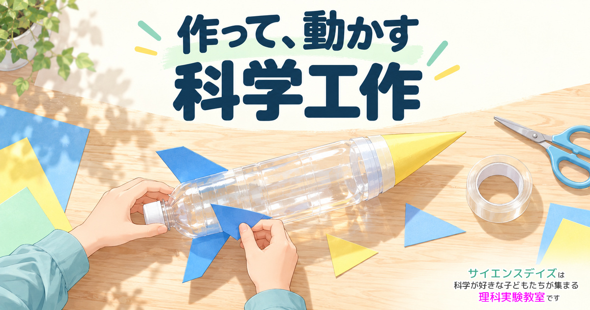 「作って、動かす 科学工作」の見出しと、水ロケットに羽を取り付ける手元を俯瞰したイラスト