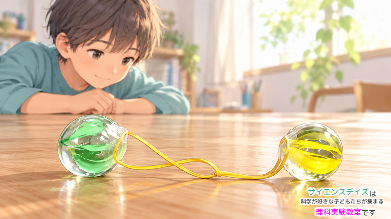 輪ゴムでつないだ2個のビー玉ごまを、机と同じ高さから見つめる男の子のイラスト