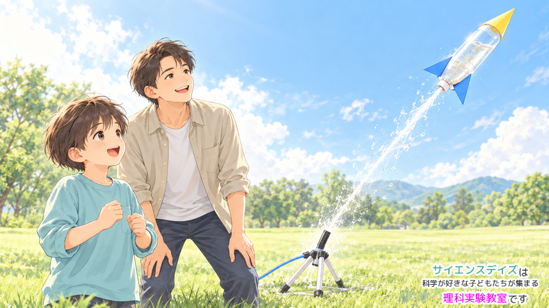 自分で作った水ロケットの飛行を、大人と一緒に見上げる男の子のイラスト