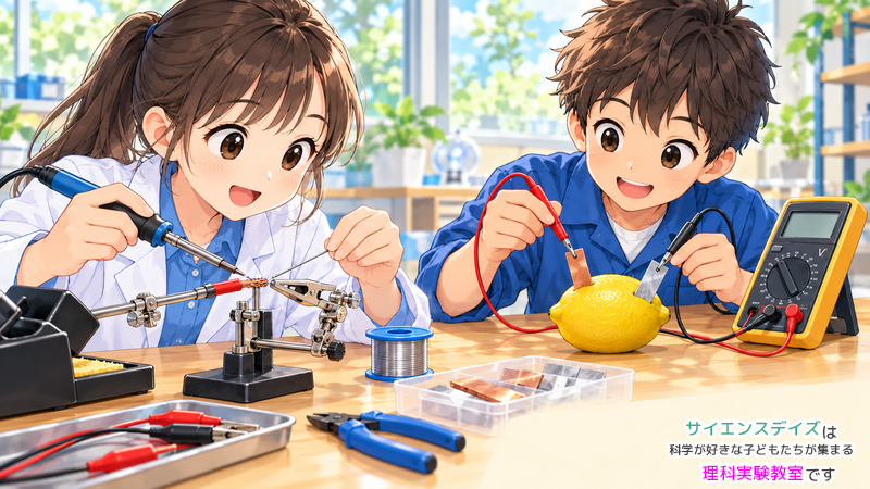 みのむしクリップ付きの導線を作る女の子と、果物電池の電圧を測る男の子。