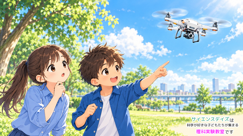 同じドローンの飛び方を見て考える女の子と男の子。