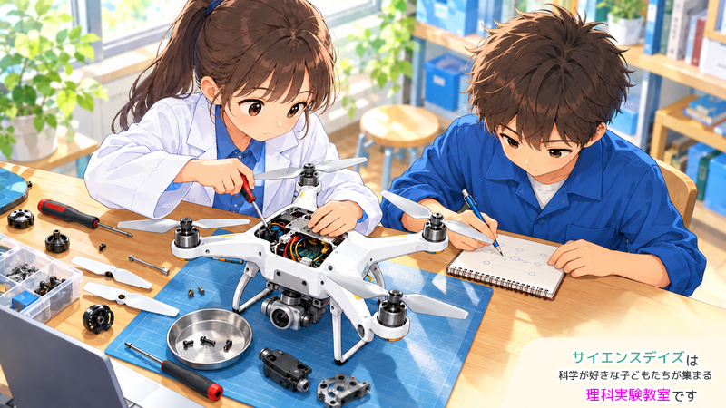 同じ作業机でドローンの部品を調整し、観察したことを記録する子どもたち。