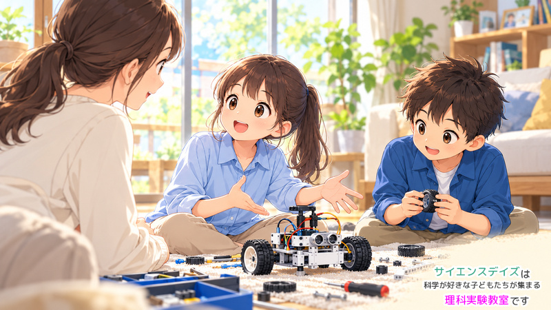 作ってみたい模型について話す子どもの気持ちを、母親が聞いている場面。