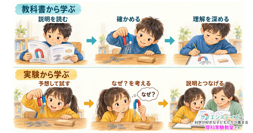 教科書を読んで磁石で確かめる学びと、磁石の実験から説明につなげる学び