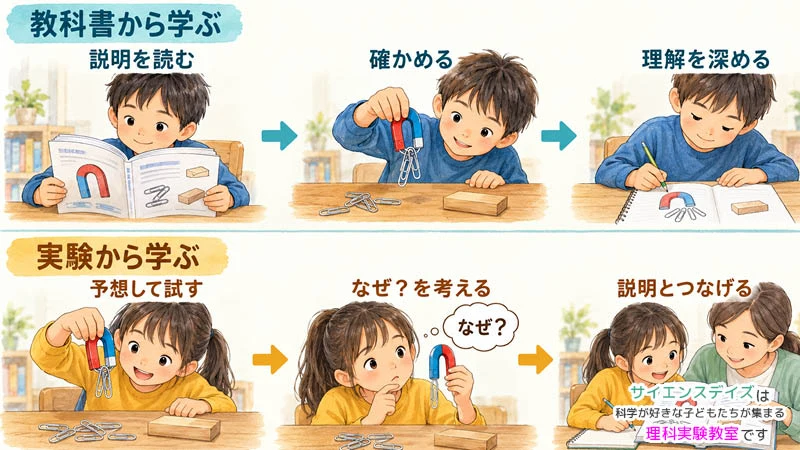 教科書の説明を読んでから磁石で確かめる学びと、磁石で試してから説明につなげる学びを並べたイラスト