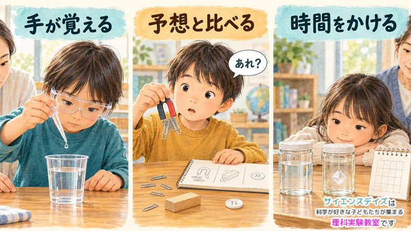 スポイトで水を一滴ずつ加える手の感覚、磁石の結果を予想と比べる経験、結晶の成長を待つ時間を描いたイラスト